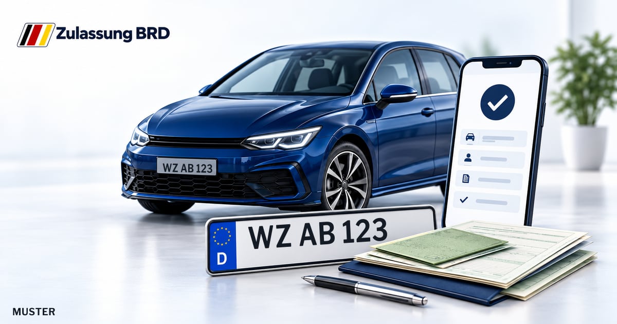 Online Fahrzeugzulassung in Lahn-Dill-Kreis: Musterkennzeichen WZ AB 123, Auto und Fahrzeugpapiere und Smartphone. Illustration mit Logo von Zulassung BRD.
